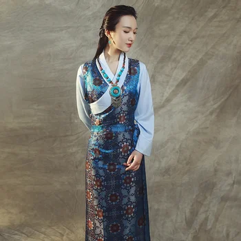 Tibetano Vestido Elegante Para Mulheres Vestidos Oblíqua Gola Estilo Étnico Chinês Tradicional Roupa De Lhasa Roupas Tibete