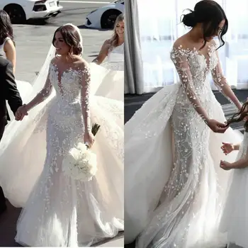 2020 Sereia Vestidos De Noiva Com Trem Destacável Apliques De Renda Beading Vestido De Casamento De Luxo Vestido De Festa De Boda