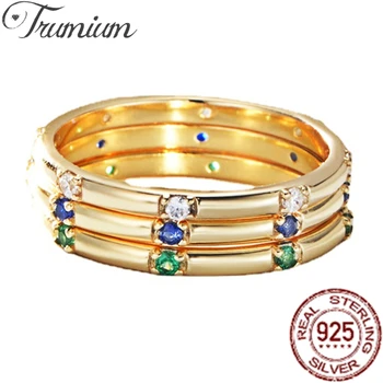 Trumium S925 Prata Zirconia Cúbico de Anéis para as mulheres Engajamento Banda de Casamento Simples e Brilhante, Cor de Ouro, Anéis de Jóias de Presente