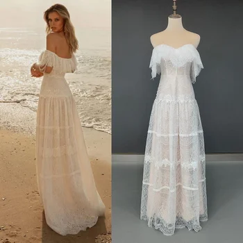 9774* Boho Full Lace de Vestidos de Casamento de Praia Fora Do Ombro Babados Uma Linha de Vestidos de Noiva Comprimento do Assoalho Novo vestido de casamento branco