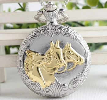 Vendas quentes de prata de três cavalo pouco quartzo homem Pingente de relógio Colar relógio de bolso de dom frete Grátis