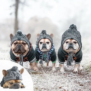 Inverno Quente Cão Chapéus Permeável Tricô Bulldog francês Chapéu para Cães Chihuahua Chapéu de Bola Fofa Cachorro Acessórios Pet Chapéu