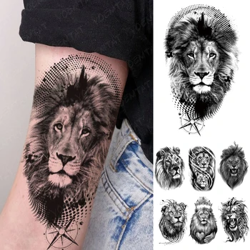Impermeável da Etiqueta Temporária Tatuagem Lixo Polca estilo Flash Tatuagens de leão animal bússola Arte no Corpo, Braço Falsa Tatoo Homens Mulheres