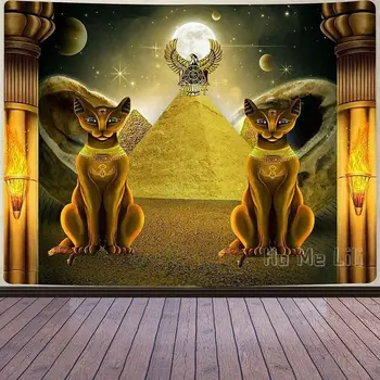 Egípcio Tapeçaria Antiga Galaxy Pirâmide Tutor Do Gato Fantasia Lua Faraó Templo Pendurada Na Parede Para Quarto, Sala De Estar