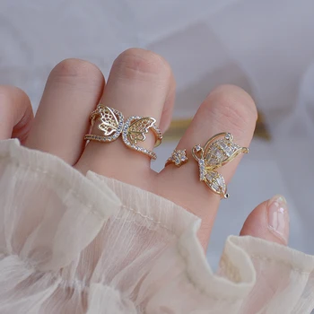Delicada Jóia de Ouro 14K Plated Ajustável de Cristal Borboleta Anéis para Mulheres Elegantes Anéis de Noivado