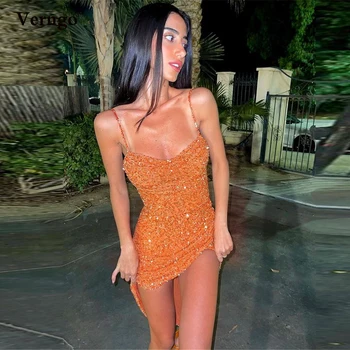 Verngo Sexy Laranja Glitter Vestidos De Baile Curto Frente Longa Volta Querida Cintas De Espaguete Festa Formal, Vestido De Cocktail De 2021