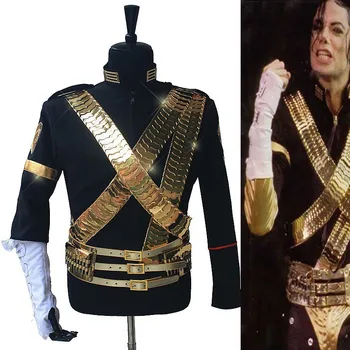 Unisex Michael Jackson Preto Bala Jaqueta Casaco do Traje MJ JAM Dourada Pulseira de Cinto Terno de Halloween Cosplay Feitos