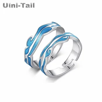 Uini Rabo-de-venda quente nova 925 Tibetano prata azul da água do mar par abrir o anel de forma simples doce par romântico de jóias ED837