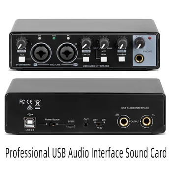 Profissional do USB, Interface de Áudio da Placa de Som com auto-retorno de Monitoramento de 48V Phantom para Gravação de Áudio, Equipamentos de Guitarra Elétrica