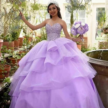 Brilhante Luz Roxo Vestidos De Quinceanera 2022 Fora Do Ombro Lantejoulas Esferas De Doce De 15 Vestido Em Camadas Festa De Princesa Vestido De Baile