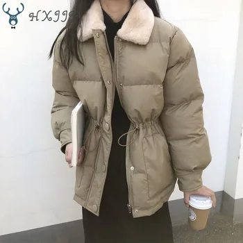 2022 Inverno coreano para Baixo Algodão Pão Casaco Grosso de Vestuário das Mulheres da Cintura de Cordão Falso Pele do Coelho Lapela Jaquetas Femininas