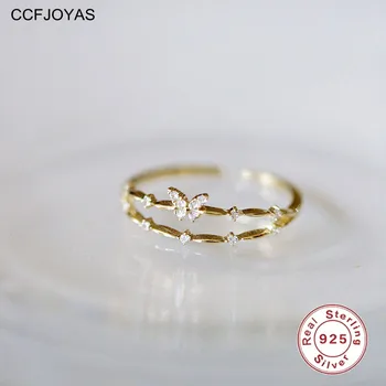 CCFJOYAS 100% 925 Silver Duplo Leigos Design Mini Zircão Borboleta Abrir Anéis para Mulheres Requintadas de Finas Jóias de Presente