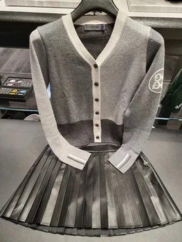 Camisas do golfe Moda feminina Casaquinho de Malha de claro e escuro Contraste da Cor do Botão Casaquinho de Esportes ao ar livre Knitwea Mangas compridas