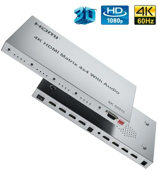 4x4 Matriz HDMI com Áudio Extractor 4K@60Hz HDR 3D 1080P HDMI 2.0 Switcher Divisor de 4 Em 4 HDCP2.2 EDID RS232 para PS4 PC TV