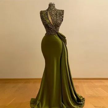 Modesto, O Verde-Oliva Sereia Vestidos De 2022, A Gola Alta De Lantejoulas Frisado Longos Vestidos De Noite De Imagem Real Vestido De Festa Formal