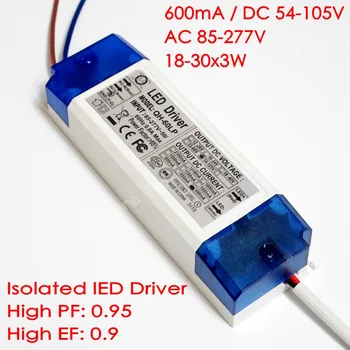 Alta Potência Isolados 600mA 18-30x3W DC 54V - 105V Driver de Led 30W 40W 50W 60W Fonte de Alimentação AC 110V 220V para luzes LED