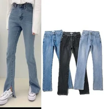 Y2k Mulheres Divisão De Rebordo Azul Jeans 2021 Primavera, Outono Novo Cintura Alta A Limpar Calças De Perna Larga, Denim, Calças De Novo Fêmea Sólido Calças