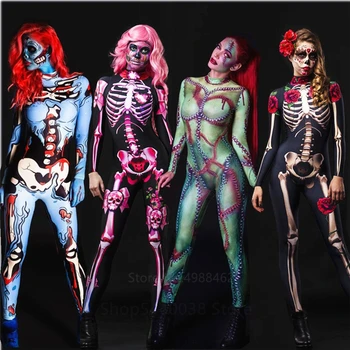 Trajes de Halloween para as Mulheres Assustador Vampiro Cosplay Macacão de Mulheres Horror Esqueleto Fantasia Body Festa de Carnaval Flexível Roupa