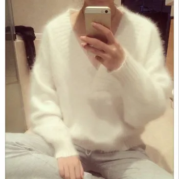 Sexy de cabelos longos vison outono e inverno coreano Branco Grande V-Neck Sweater ajuste fino e versátil slim doce guarda-costas mulher