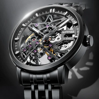 Relógio Automático Homens Luxo Esqueleto Mecânico Relógio De Pulso De Moda Preto De Aço Inoxidável Relógio Luminoso Relojes Para Hombre 2021