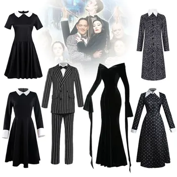 Quarta-feira Addams Cosplay Traje Addams Vestido para Mulheres Adultas Vintage Preto Gótico Família Roupas de Festa de Halloween de 