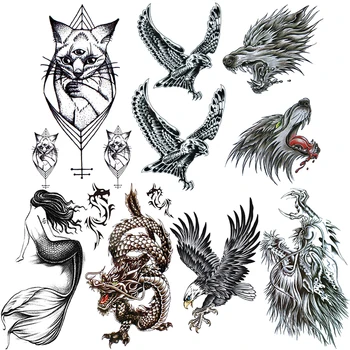 Criativo Animal Tatuagem Temporária Para Os Homens, As Mulheres Geométricas Águia Gato Falso Tatuagens Em Preto Sereia Dragão De Água De Transferência De Tatoo Cintura