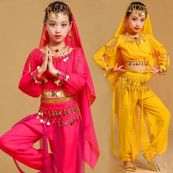 Crianças de Dança do Ventre, Figurinos para as Meninas Orientais, Indianos Palco Dançando Trajes Conjunto de 4PCS(Top Shirt+Lenço de Cabeça+Cintura Cadeia+Calça)