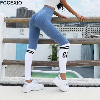 FCCEXIO Sexy Calças Leggings Mulheres Carta Calças de Cintura Alta Sportswear Agachamento Hip-elevador de Fitness para Mulheres Calças Esportivas de Moda Casual