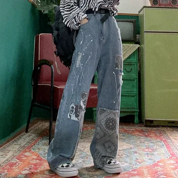 Rua Hip Hop Mulher Jeans OverSize Bonito Retro Mulheres de Cintura Alta Largura de Perna de Calça Jeans BF Solta Selvagem Perna Reta Calças compridas