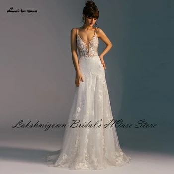 Lakshmigown Manto Vintage Sem Encosto Sereia Do Vestido De Casamento Com Alças Finas, Rendas Frisado Vestido Boho Chic De Noiva, Vestidos De Casamento