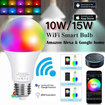 LED Smart Lâmpada 15W Dimmable Cor wi-FI Bulbo de Decoração de Quarto de RGB+Branco Timer Bluetooth Lâmpada Compatível Com Alexa Google/Home