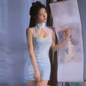 Retro Cheongsam Clássico Chinês Mulheres Tentação do Clássico Mini Qipao Vestido Oco Uniforme da Meia-noite Bonito Sexy Vestidos de Pijama