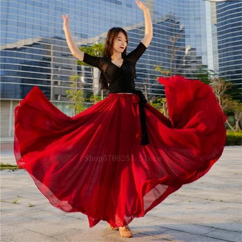 720Degree Flamenco espanhol Saia de Mulheres Meninas de Dança Cigana do Ventre de Chiffon com Duas camadas de Chiffon Grande Asa Vestido de Bandagem Desempenho Superior