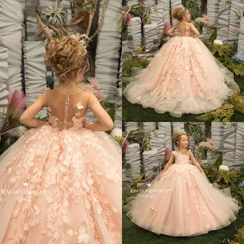 Blush Cor-De-Rosa, Em 2022, Vestidos Da Menina De Flor Para A Noiva Babados Meninas Concurso De Vestidos De Renda Applique Princesa Crianças Vestidos De