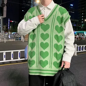 O Coreano Moda Veste Camisola Homens Streetwear Tendências V Decote Em Forma De Coração De Amor Padrão De Camisola Sem Mangas De Malha De Mens Casacos Coletes