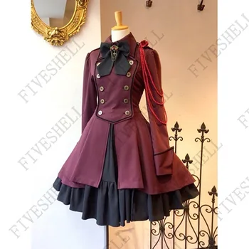 2023 Vintage Gothic Lolita Vestido Medieval Plissado laço Botão Laço na altura do Joelho Vestido de Manga Longa Doce Vestido de