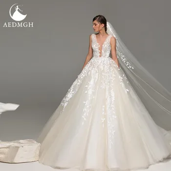 Aedmgh Bola Vestido De Noiva Vestidos De 2022 Com Decote Em V Sem Mangas Lindos Apliques Tribunal Trem Vestido De Noiva De Princesa Vestidos De Noiva