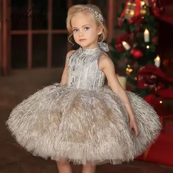 2022 Puffy Princesa Vestido de Tule de Aniversário da Menina do Vestido de Penas Vestido da Menina de Flor de crianças Vestido de Luxo Vestido de Primeira Comunhão