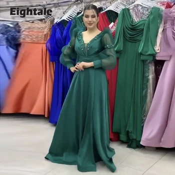 Eightale Árabe Vestidos De Noite Longos Puffy Mangas Frisada Verde Pregas Feito Formal Celebridade Festa De Formatura Com Vestidos De 2022