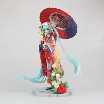 23cm Japão Miku Kawaii Quimono Vermelho Guarda-chuva Menina 1/8 PVC Anime Figura de Ação Decorar Modelo de Brinquedos Boneca Crianças de Presente de Aniversário Com Caixa