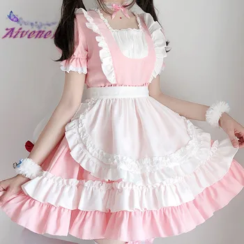 Sweet Lolita OP Empregada Vestido cor-de-Rosa Suave Menina Mulheres Uniforme Princesa Vestidos Kawaii cosplay Traje AFC886