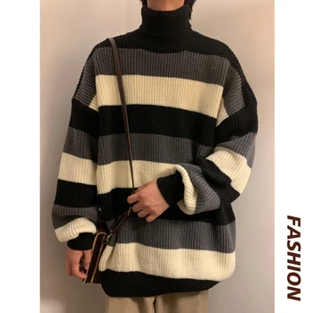 Privathinker coreano Listrada masculina Gola de grandes dimensões Blusas de Inverno Quente de Malha, Camisolas De 2023 Streetwear Homem Casual Tops