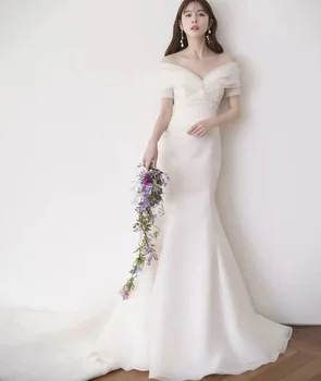2022 Novo Design de Vestido de Noiva Marfim Off-Ombro Varrer Trem Mangas Curtas 웨딩드레스 de Organza sem encosto coreano Sereia Vestidos de Noiva