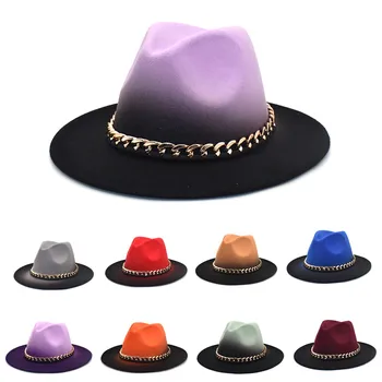Corrente de ouro no chapéu fedora mulheres de vermelho de lã, chapéu alto de outono e de inverno de cores gradiente de jazz chapéu de homens de chapéu panamá cavalheiro de chapéu
