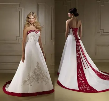 Retro Vermelho E Branco Vestidos de Noiva de Cetim Bordados Vintage Rendas Até corset Tribunal de Trem País de Vestidos de Noiva Plus Size vestidos
