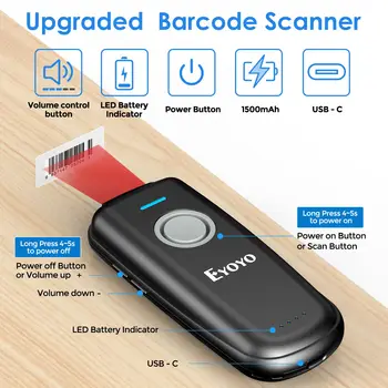 Eyoyo Mini Scanner de código de Barras 1D Bluetooth & 2.4 GHz sem Fio e com Fio Portátil do Leitor de código de Barras Para Windows/Telefones/Tablets