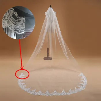 Foto Real 3m Uma Camada de Véu de Noiva, Com Pente de Renda Branca Borda Véus de Noiva Marfim Appliqued Catedral de Acessórios do Casamento