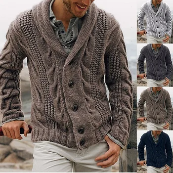 E-BAIHUI Cardigan Masculino V-pescoço Sólido Jacquard Homens de Inverno Camisola de Malha Botão Fino Casaco Quente do Vintage Malhas Sweatercoat