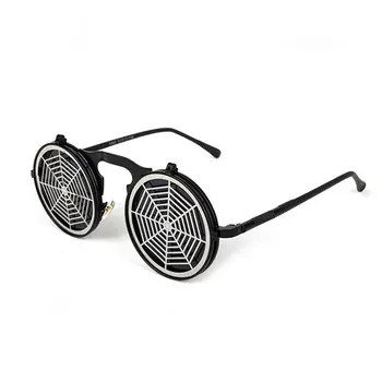 Steampunk Óculos de sol Preto Redondo Quadro Cinza Lentes de Design de Web de Aranha Mulheres de Óculos de Homens, Óculos de