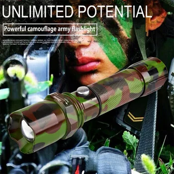 Potente Lanterna Tática de Camuflagem Lanterna de LED Recarregável USB Rifle de Caça Lanterna Portátil Exterior Zoom Waterproof a Lâmpada